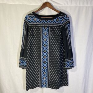 ANN TAYLOR LOFT black blue white geometric long sleeve woven mini dress S